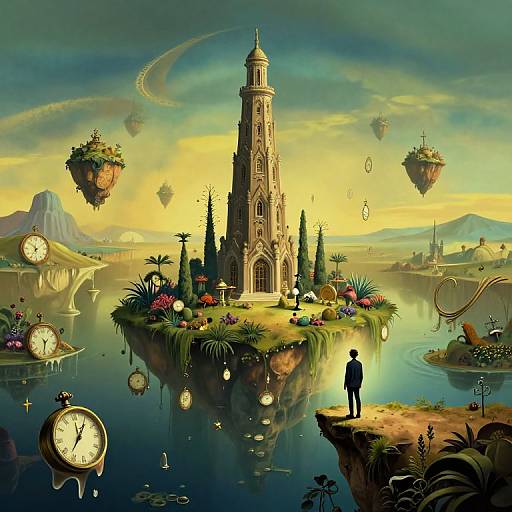 Fantasy landscape: towering clock tower on floating island, surrounded by whimsical floating gardens, clocks, and airships, under a glowing yellow-green sky