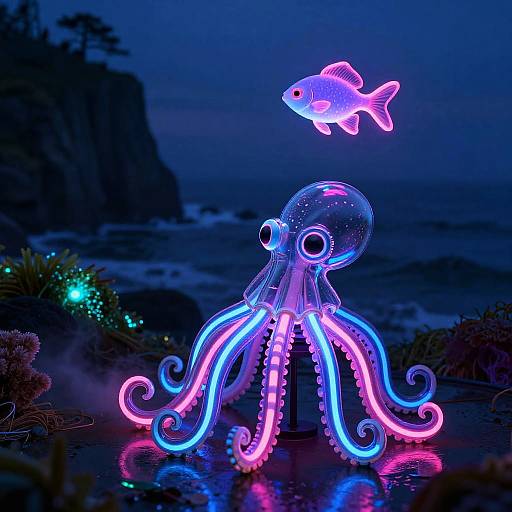 Neon Glass Octopus Bioluminescent Art