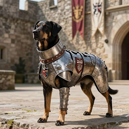 Photograph of a black and brown dog in shiny medieval-style armor, standing on a stone courtyard with castle walls in the background.