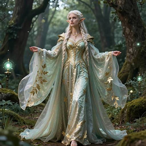 Photograph-style digital artwork of an ethereal, elven woman with long white hair, pointed ears, wearing a shimmering, gold-embell