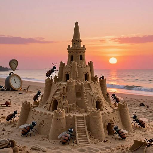 Photograph of a detailed sandcastle with a central tower, surrounded by ants, at sunset on a beach with a clock and ocean in the background.