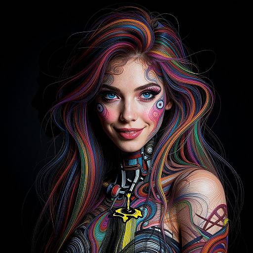 Digital artwork of a smiling woman with vibrant, rainbow-colored long hair, blue eyes, and intricate tattoos on her face and arm, set against a black