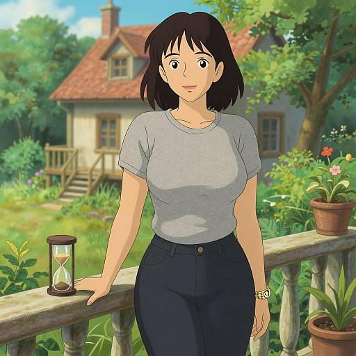 Digital anime-style drawing of a smiling woman with short black hair, wearing a gray shirt and blue jeans, standing on a wooden porch with a lantern and