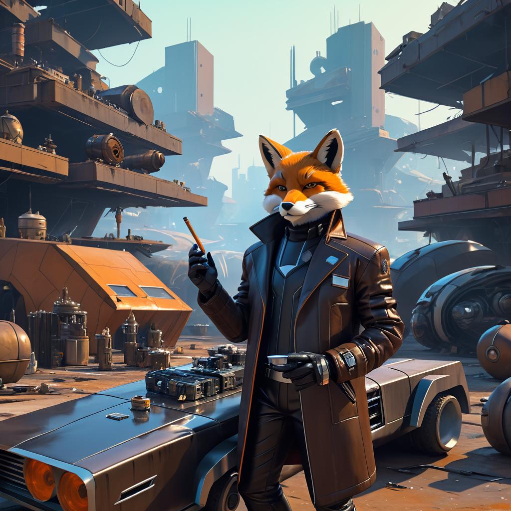 Cinematic Robotic Fox in Futuristic Junkyard