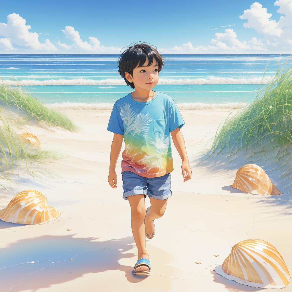 Dreamy Beach Walk with Colorful T-shirt