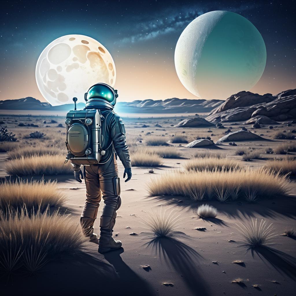 Explorer on Alien Planet at Night