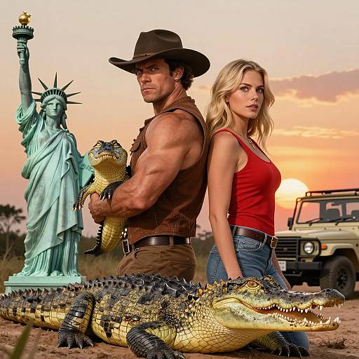 Dynamic Duo at Sunset with Crocodile