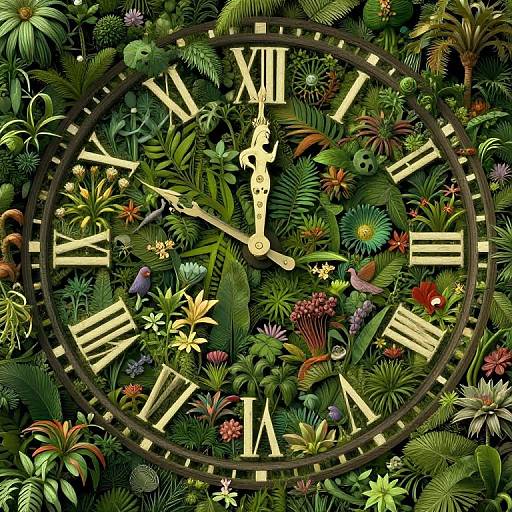 Digital artwork of a clock with gold Roman numerals, surrounded by vibrant, detailed green foliage, colorful flowers, and small birds.