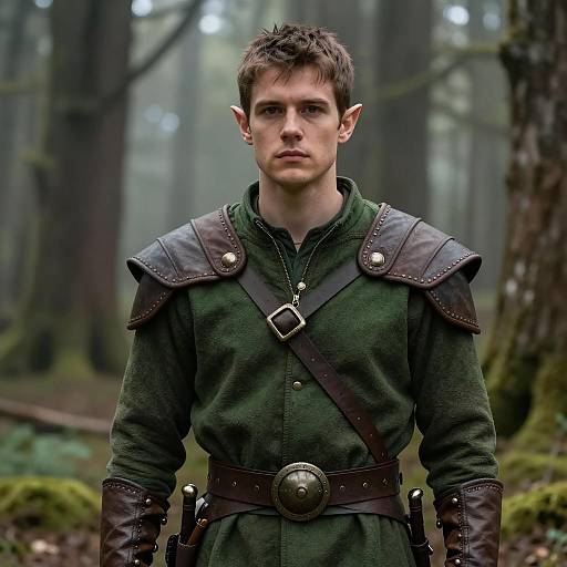 Young Man in Fantasy Elf Costume in Misty Forest