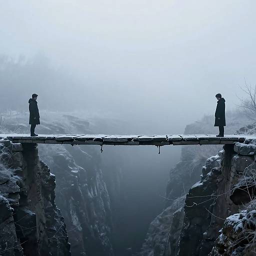 Silhouetted man and woman stand on a foggy, icy bridge over a deep canyon, with rugged, snow-covered cliffs in background. Photograph