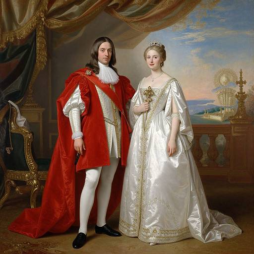 Baroque-style painting of a 17th-century aristocratic couple; man in red velvet cloak, white stockings, and silver shirt; woman in silver