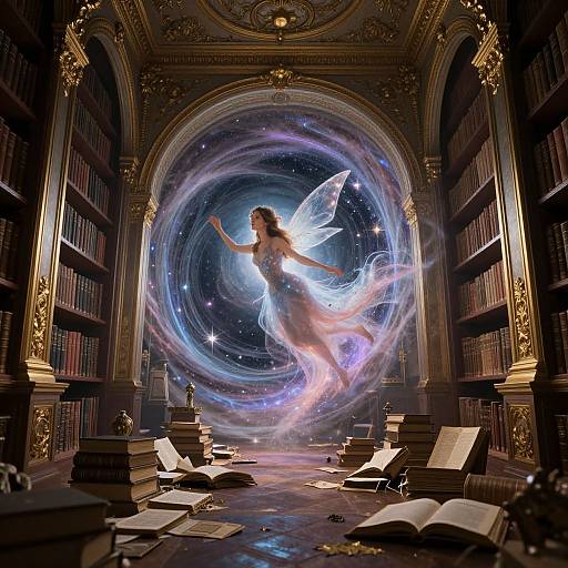 Digital art: Ethereal fairy with glowing wings in cosmic swirl, floating in ornate, book-filled library with scattered open books.