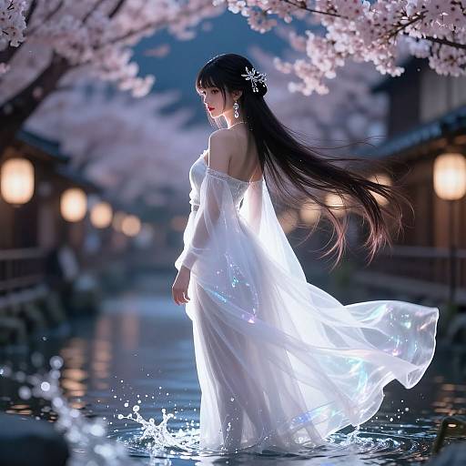 Digital art: Enchanting Asian woman in glowing white dress stands in a flooded cherry blossom path at night, surrounded by soft lanterns.