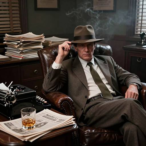 Photograph of a smoldering, suited man in a brown fedora, reclining in a leather chair, surrounded by stacks of papers and a