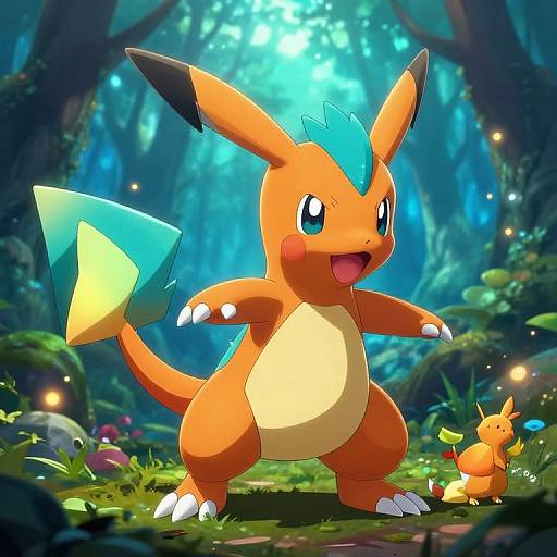 Digital art of a vibrant orange, blue-tipped, Pikachu-like creature with large ears and a yellow tail, standing in a luminous, enchanted forest