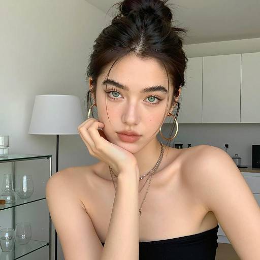 Young Woman with Green Eyes and Gold Hoop Earrings