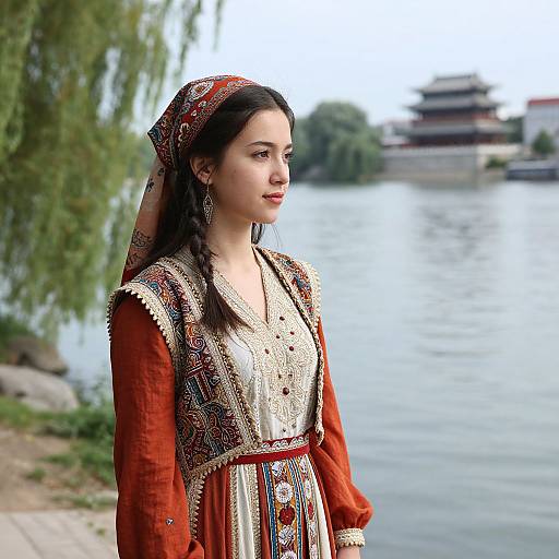 Photograph of a young woman with long dark hair, wearing a detailed, embroidered red and gold traditional dress, standing by a river with a blurred traditional