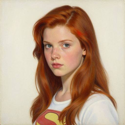 Digital painting of a fair-skinned, red-haired young woman with blue eyes, wearing a white shirt with a red and yellow emblem, against a plain