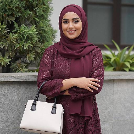 Smiling Woman in Burgundy Lace Hijab