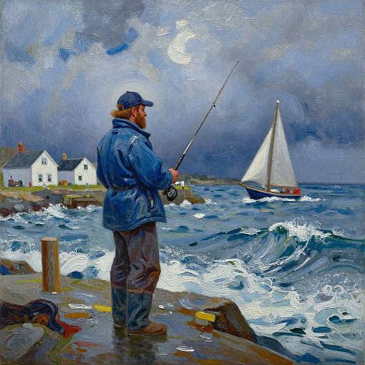Impressionistic Fisherman on Stormy Pier