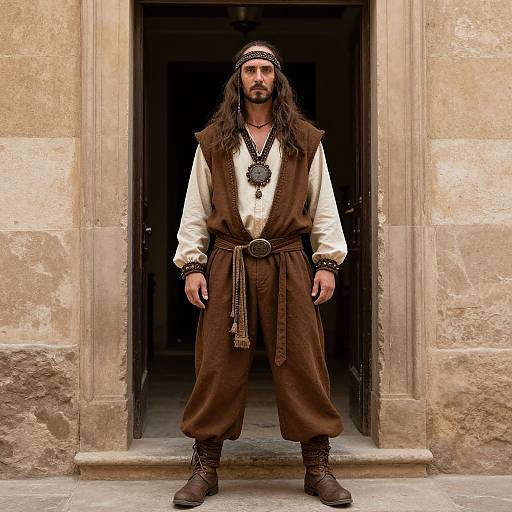 Photograph of a bearded man with long brown hair, wearing a headband, brown vest, white shirt, brown pants, and boots, standing