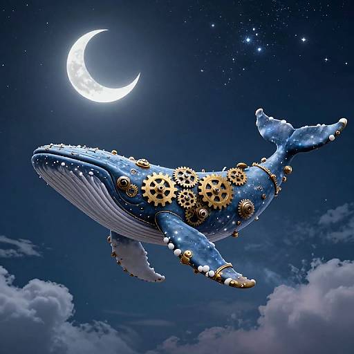 Digital art of a blue, gear-adorned whale flying in a starry night sky with a glowing crescent moon and clouds.