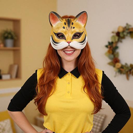 Photograph of a smiling woman with long red hair wearing a yellow and black shirt, a tiger mask, in a cozy, yellow-walled room with
