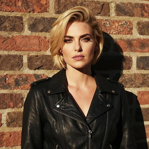 Photograph of a blonde woman with short, wavy hair, wearing a black leather jacket, standing against a sunlit, rustic brick wall.