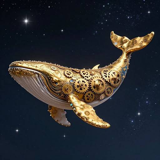 Giant golden whale adorned with intricate gears and patterns, floating in a star-filled, dark blue night sky. Digital art.