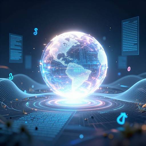 Digital CGI of a glowing, neon blue Earth centered on a futuristic, holographic, circuit-like surface with floating text and symbols.