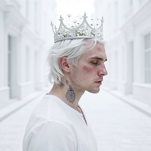 Photograph of a white-haired man in profile, wearing a silver crown, white shirt, and intricate neck tattoo, with a blurred white background.