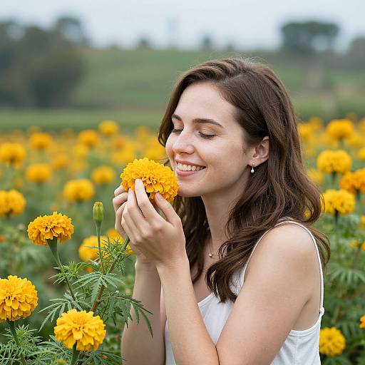 Happy Woman Enjoying Marigold Flowers