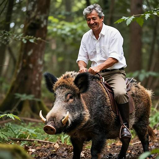 Photograph of an older man with gray hair, wearing a white shirt and beige pants, riding a wild boar through a dense, sunlit forest
