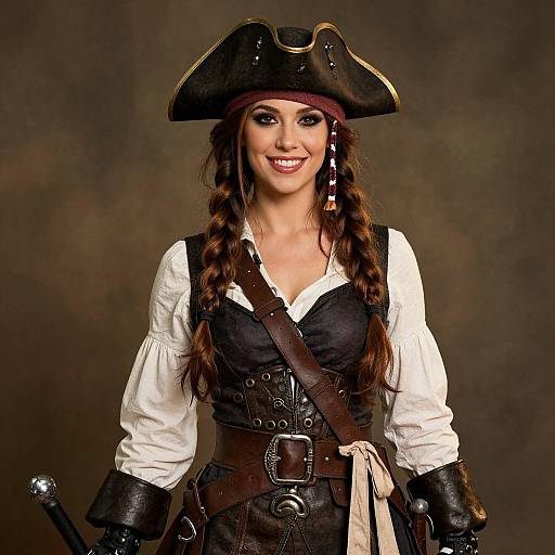 Photograph of a smiling woman in a pirate costume with a tricorn hat, white shirt, black vest, and brown belt, against a dark,