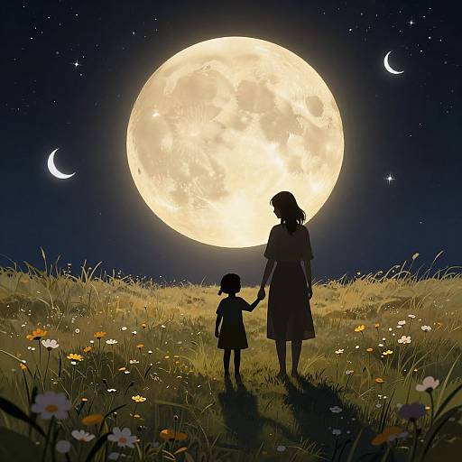 Silhouetted woman and child holding hands under a massive, glowing full moon, surrounded by a starry night sky and crescent moons, in