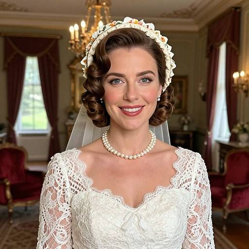 Photograph of a smiling bride with curly brown hair, white lace wedding dress, pearl necklace, and floral headband, in an elegant, warmly-l