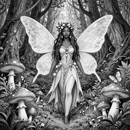 Black-and-white digital drawing of a fairy with large translucent wings, long wavy hair, flower crown, and flowing dress, standing amid giant mushrooms in