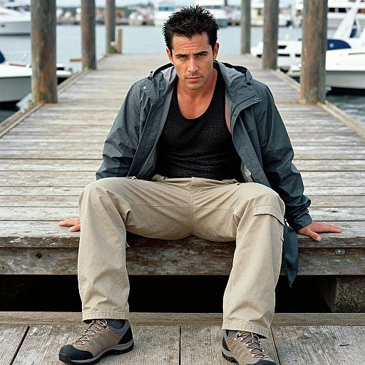 Photograph of a muscular, dark-haired man with a slight smirk, sitting on a wooden dock, wearing a black shirt, beige pants, and gray