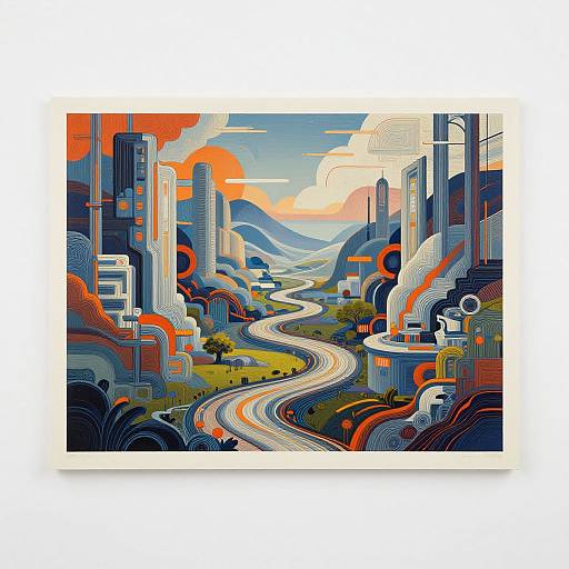 Vibrant digital artwork of a futuristic cityscape with winding roads, tall skyscrapers, and orange-red accents against a sunset sky.