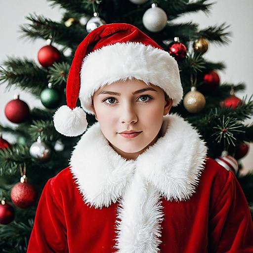 Realistic Boy in Santa Suit with Tree