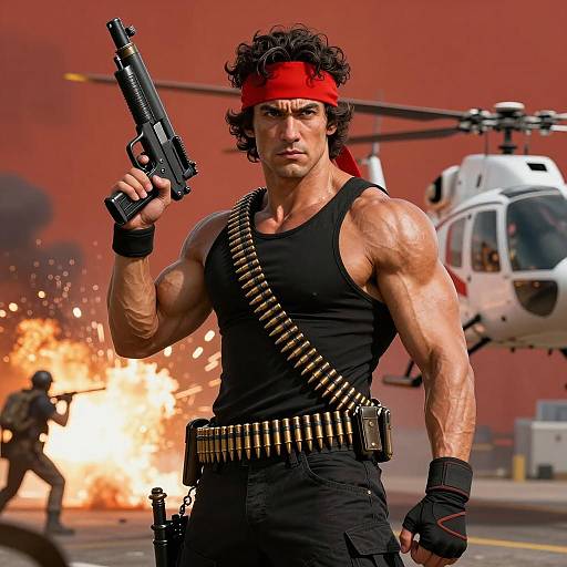 Muscular Man with Gun and Helicopter Action Scene