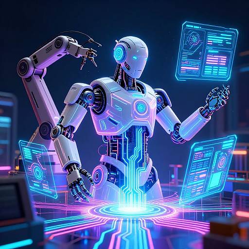 Photorealistic CGI of a glowing, white humanoid robot with blue neon interfaces, floating screens, and neon circuits in a dark high-tech lab.