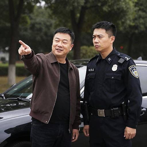Men by Black Car in Park Setting