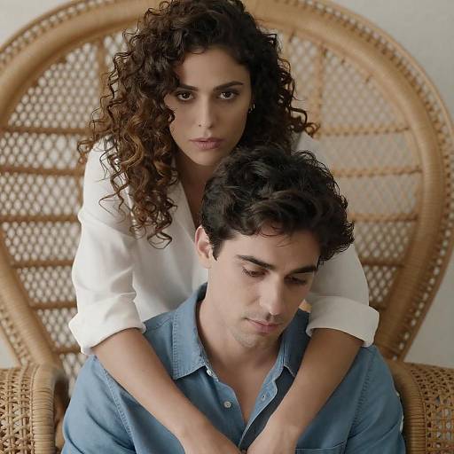 Couple in Embrace Sitting on Wicker Chair