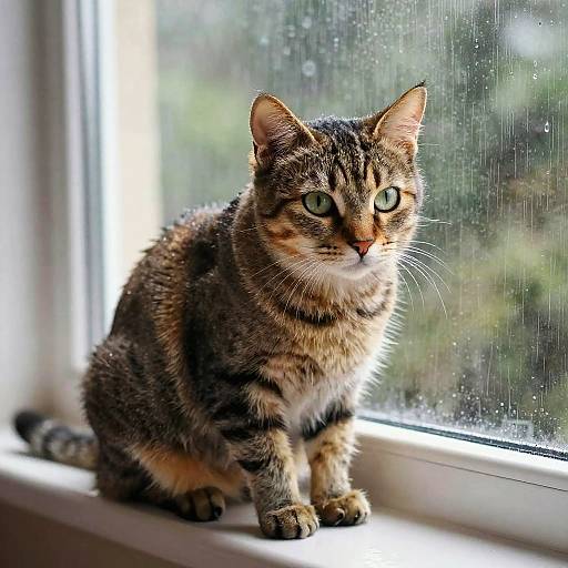 Photograph of a tabby cat with green eyes, sitting on a windowsill, looking outdoors, sunlight highlighting its fur, rain on the window.