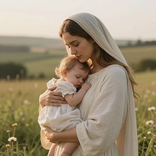 Sacred Maternal Embrace in Pastoral Serenity