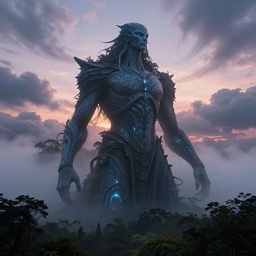 Digital artwork of a towering, armored, humanoid figure with intricate blue glowing details, standing in a misty, cloud-filled forest at sunset.