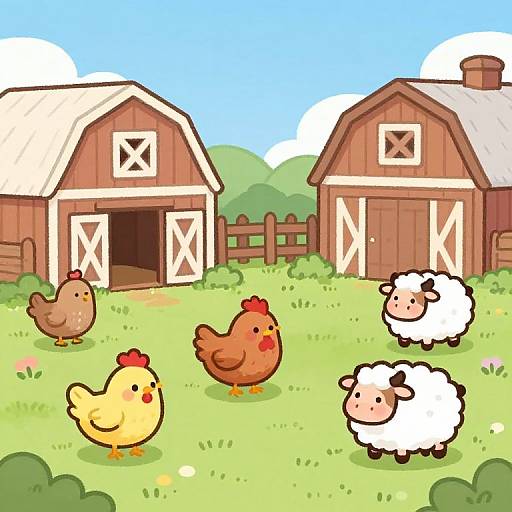 Cartoon-style farm scene: yellow chick, brown chicken, red chicken, white sheep near two wooden barns, green grass, blue sky, wooden