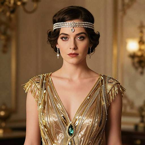 Vintage-style photograph of a fair-skinned woman with dark, wavy bob hair wearing a gold, beaded, V-neck dress and sparkling headpiece