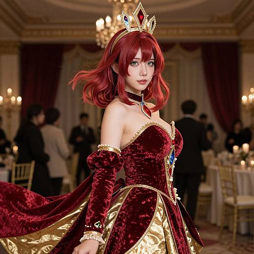 Digital artwork of a red-haired woman in a royal red velvet and gold gown, adorned with a crown and necklace, standing in a grand, candlelit